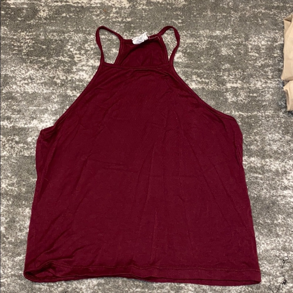 Maroon halter top shirt.
